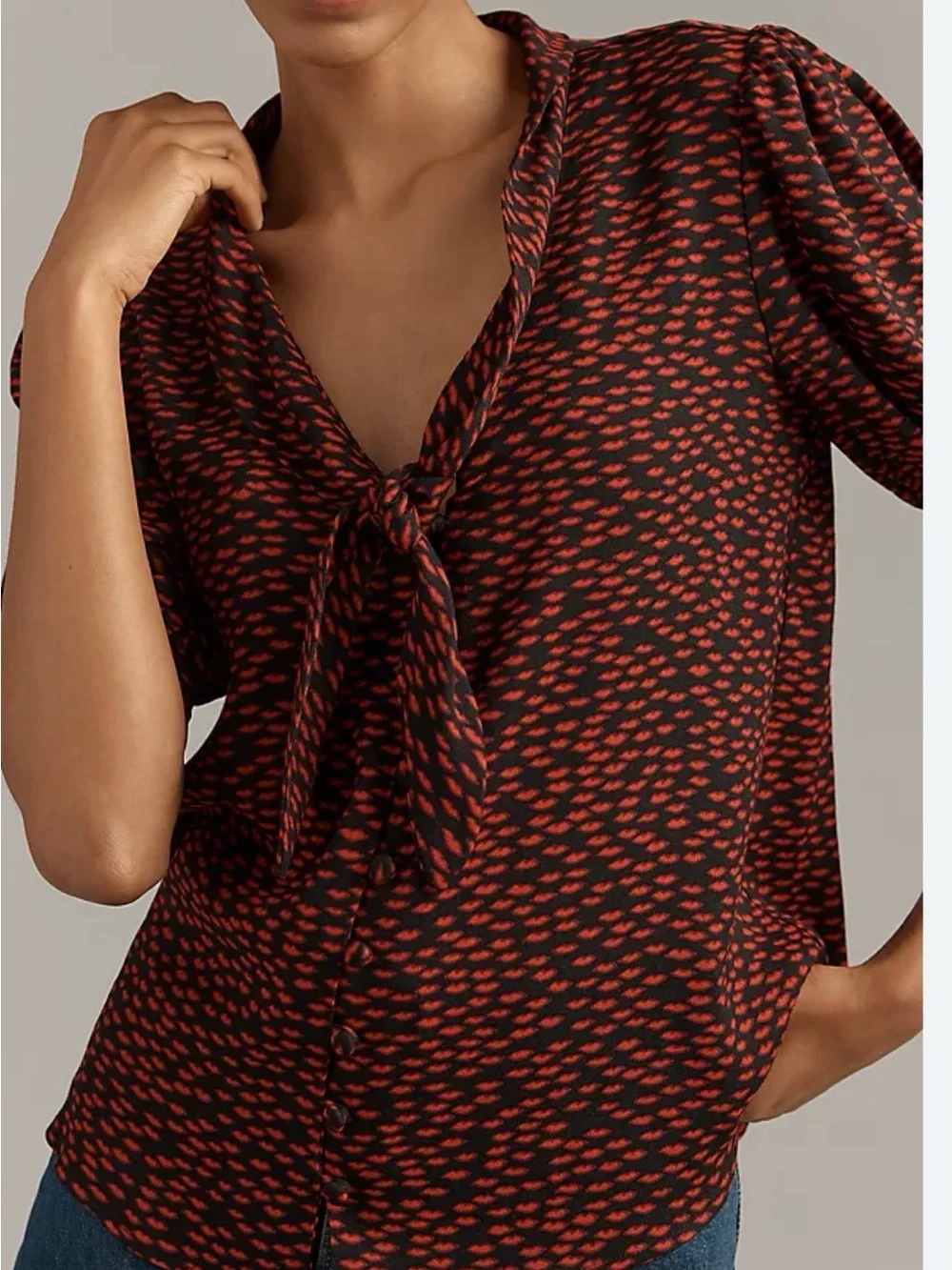 Reformation Joelle French Kiss Red Black Puffed Sleeve Tie Front Blouse Size M